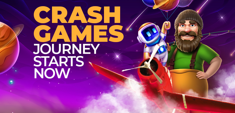 Promotional image for Crash Games featuring an astronaut and a fisherman on a rocket, with the text Crash Games Journey Starts Now