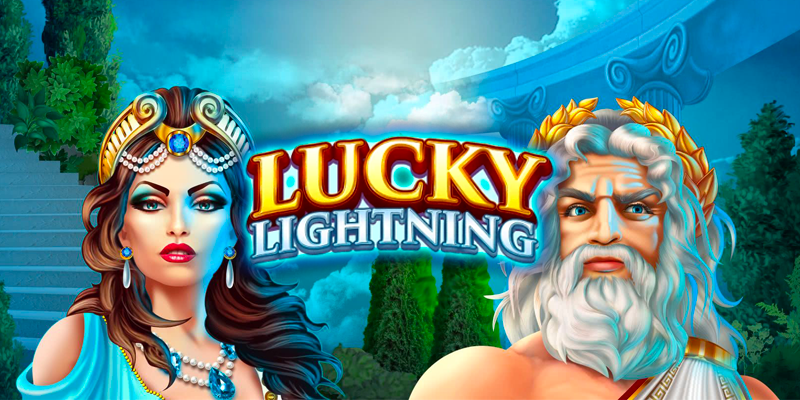 Promotional banner for the Lucky Lightning slot game featuring a majestic Zeus and a beautiful Greek goddess, with the game's logo in bold, shining letters set against a mythical backdrop of ancient Greek architecture and lush greenery