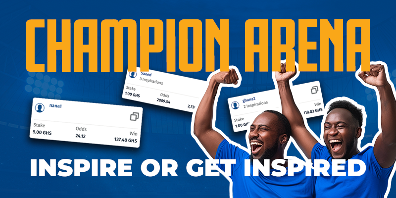 Promotional image for Champion Arena with two jubilant individuals celebrating victory, betting slips visible, and the slogan 'INSPIRE OR GET INSPIRED' set against a vibrant blue background.