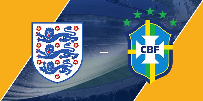 Promotional graphic for the friendly football match, featuring the emblems of England's and Brazil's national football teams against a backdrop of a stadium scene