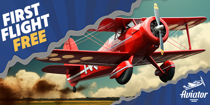 Promotional graphic for First Flight Free bonus featuring a classic red biplane against a cloudy sky with the Aviator game logo.