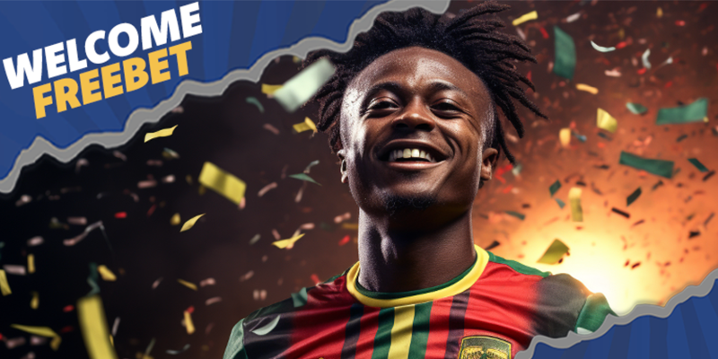 Promotional image featuring a joyful football player with a wide smile, celebrating under a shower of confetti with 'WELCOME FREEBET' boldly highlighted above, indicating a special offer or bonus for new users.