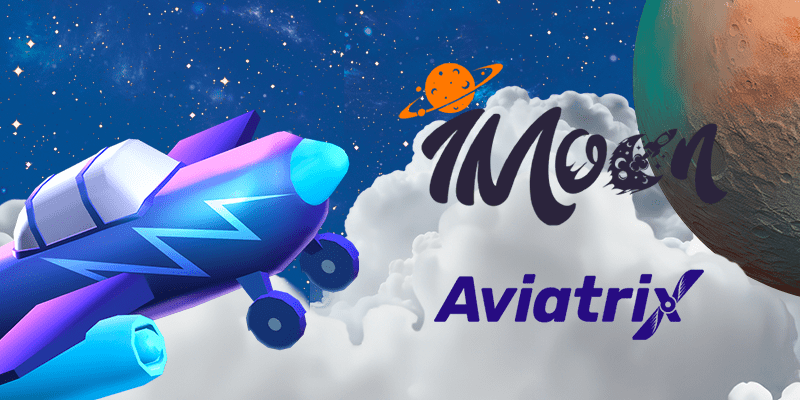 A futuristic blue rocket emblazoned with the iMoon logo alongside the Aviatrix logo, soaring through a starry sky with planets, representing new providers joining the online casino galaxy.