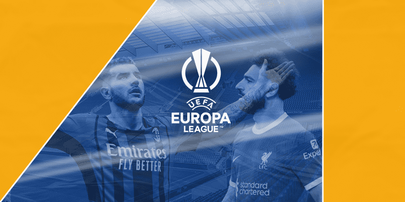 Promotional graphic for UEFA Europa League featuring two players in a split design with the league's logo centered