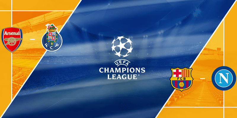 UEFA Champions League matches, featuring the Arsenal FC and FC Porto logos on the left, and the FC Barcelona and SSC Napoli logos on the right, separated by the iconic UEFA Champions League logo in the center, against a blue and orange backdrop hinting at exciting night-time football action.