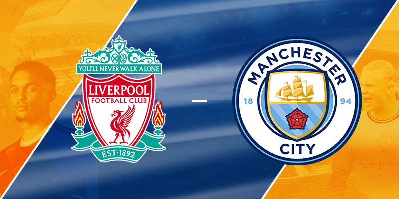 Logos of Liverpool Football Club and Manchester City FC, symbolizing an upcoming match between the two teams in the Premier League, with Liverpool's emblem on the left featuring the iconic liver bird and the text "You'll Never Walk Alone," and Manchester City's logo on the right displaying a ship and three stars above the club's name.