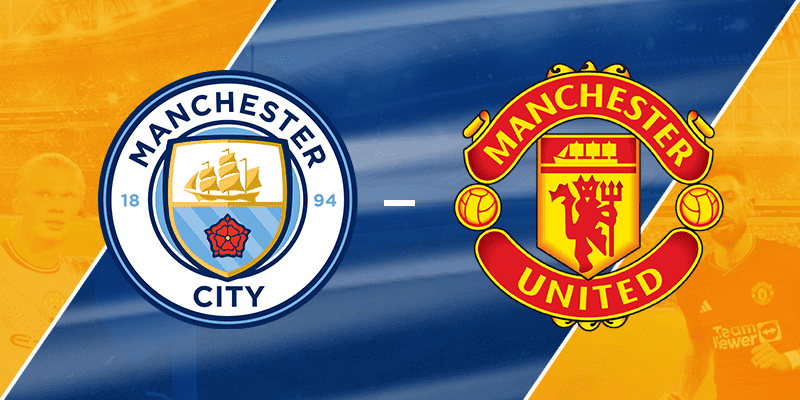 Promotional graphic for the Manchester derby featuring the crests of Manchester City and Manchester United with a split background in blue and yellow