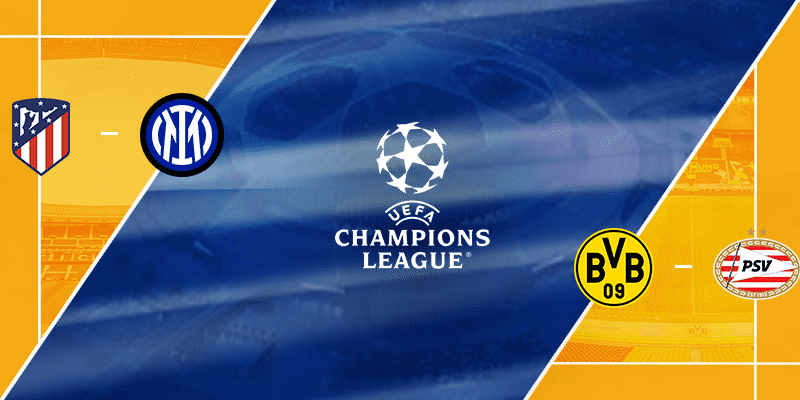 romotional graphic for UEFA Champions League featuring logos of Atletico Madrid and Inter Milan on the left and Borussia Dortmund and PSV Eindhoven on the right, with the iconic Champions League ball in the center against a dynamic blue background.