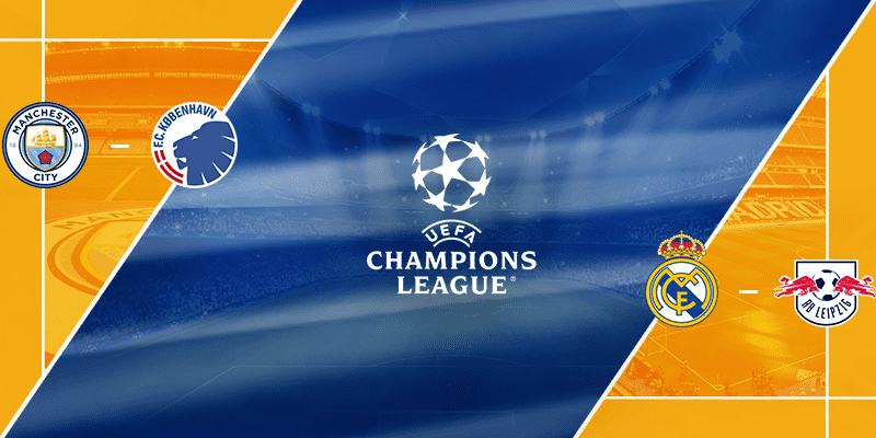 Promotional graphic for tonight's UEFA Champions League matches featuring the logos of Manchester City vs. FC Copenhagen on the left and Real Madrid vs. RB Leipzig on the right, with the iconic UEFA Champions League star ball logo in the center set against a dynamic blue background.