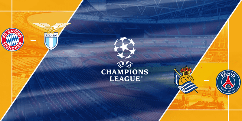 Promotional graphic for UEFA Champions League featuring the logos of Bayern Munich and Lazio on the left, and Real Sociedad and Paris Saint-Germain on the right, divided by the iconic Champions League ball and logo in the center.