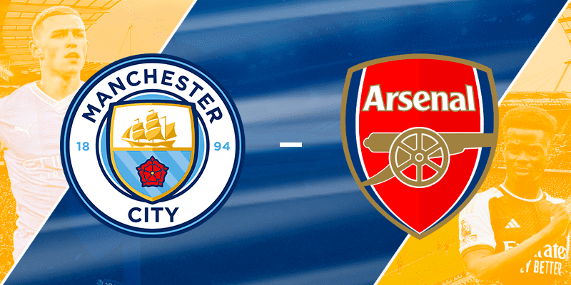 Promotional graphic for Premier League's upcoming match featuring the Manchester City and Arsenal crests with key players ready for the big game.