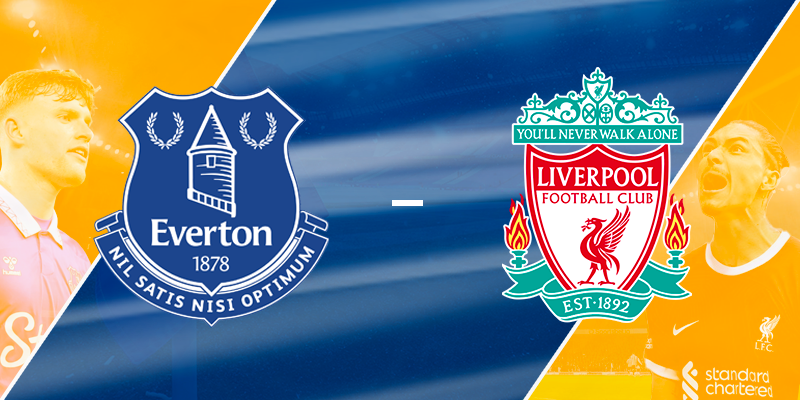 Matchday preview graphic with Everton and Liverpool club badges, players in action, symbolizing the excitement of the upcoming Premier League clash.