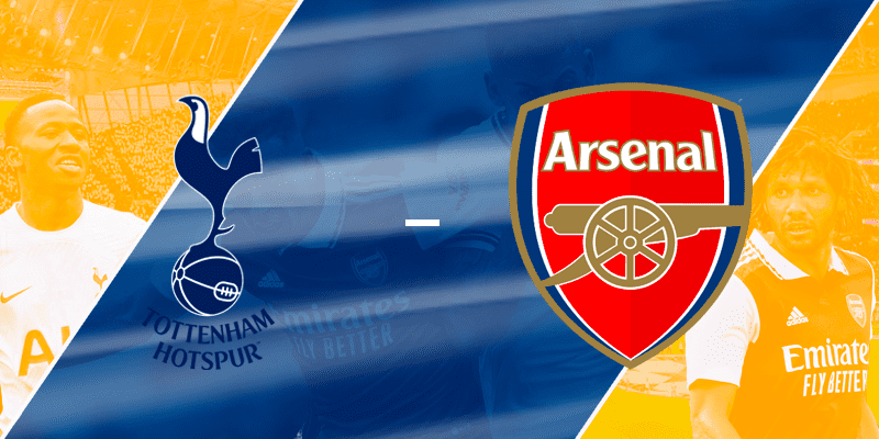 Preview image showing the emblems of Tottenham Hotspur and Arsenal for the upcoming Premier League clash, with players from both teams ready for the rivalry match.