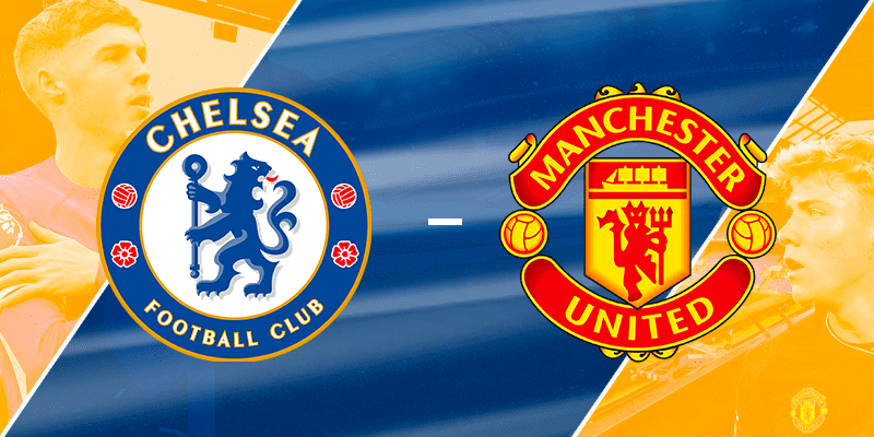 Chelsea and Manchester United club crests side by side, with key players from each team in the background, ready for their Premier League face-off