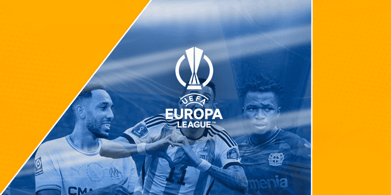 Promotional banner for the UEFA Europa League featuring football players celebrating a goal, with the league's logo prominently displayed.