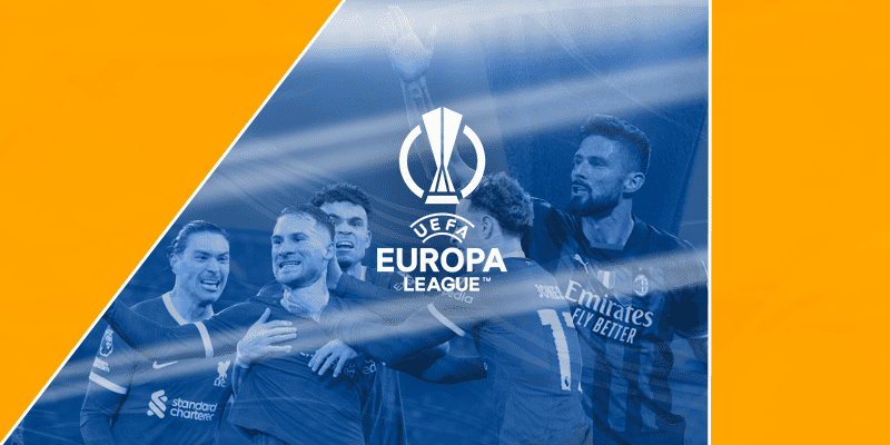 Promotional graphic for UEFA Europa League featuring players from Liverpool and AC Milan celebrating, symbolizing the excitement of the Europa League Quarterfinals.