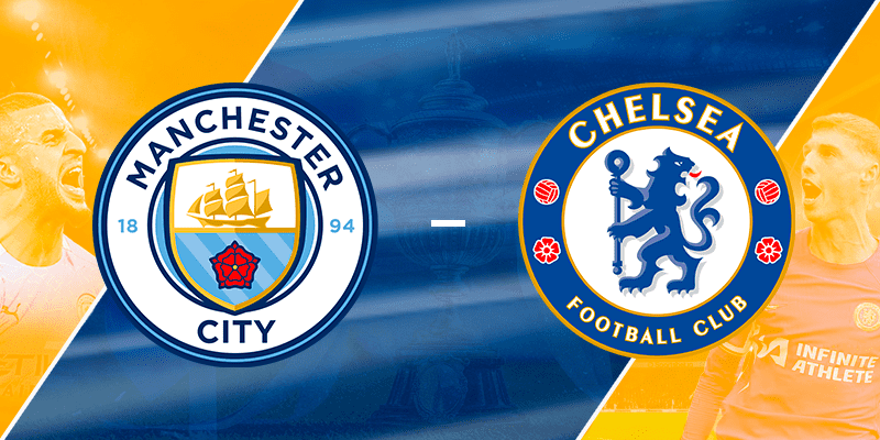 Promotional graphic for the FA Cup semifinal featuring the team badges of Manchester City and Chelsea with excited players in the background