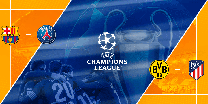 Promotional graphic for the UEFA Champions League featuring the team crests of FC Barcelona, Paris Saint-Germain, Borussia Dortmund, and Atlético Madrid against a dynamic background of stadium lights and the iconic Champions League trophy.