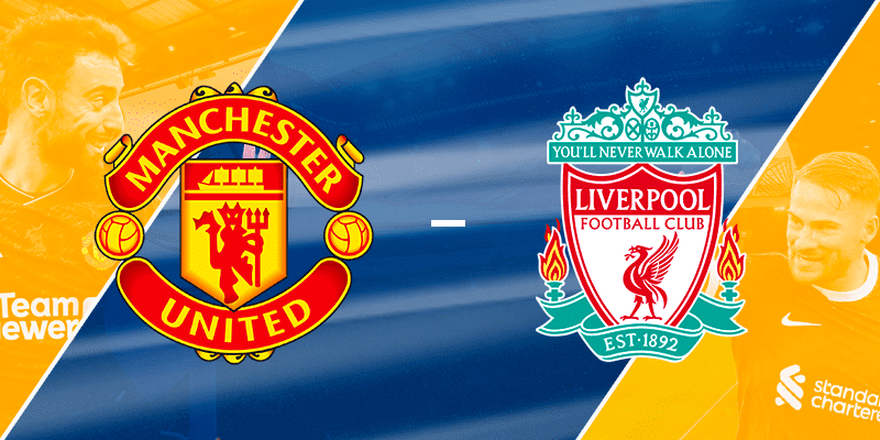 Manchester United and Liverpool crests with key players from both teams, gearing up for their Premier League showdown.