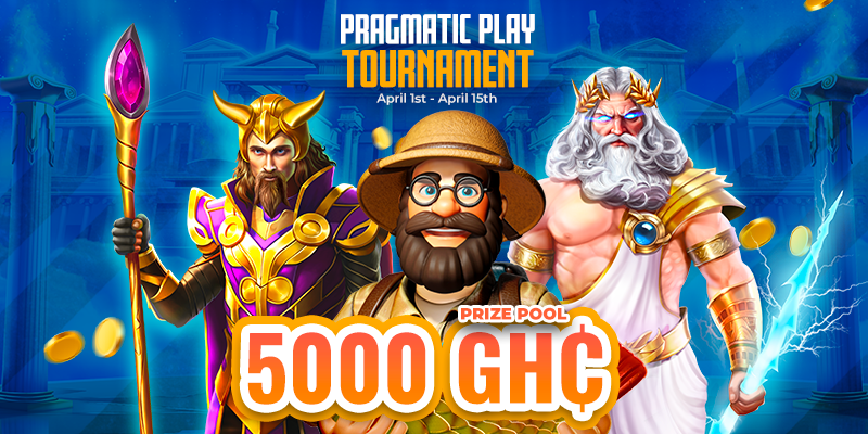 Colorful Pragmatic Play Tournament banner with mythical characters and a bold announcement of the 5000 GHC prize pool, running from April 1st to April 15th.