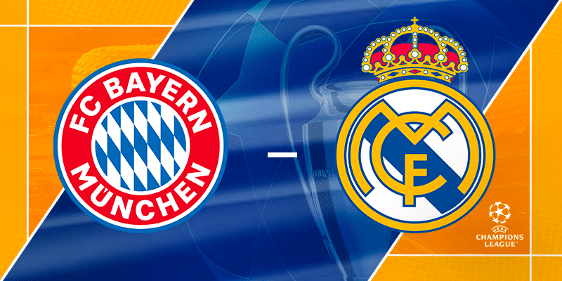 Champions League semifinal promotional image featuring the FC Bayern München and Real Madrid logos on a dynamic blue and orange background, emphasizing the high-stakes match between these two top European football clubs