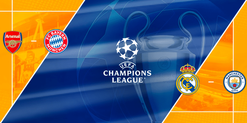 UEFA Champions League graphic featuring the Arsenal and FC Bayern Munich badges on the left, with the Real Madrid and Manchester City badges on the right, all set against a dynamic backdrop of the iconic Champions League trophy.