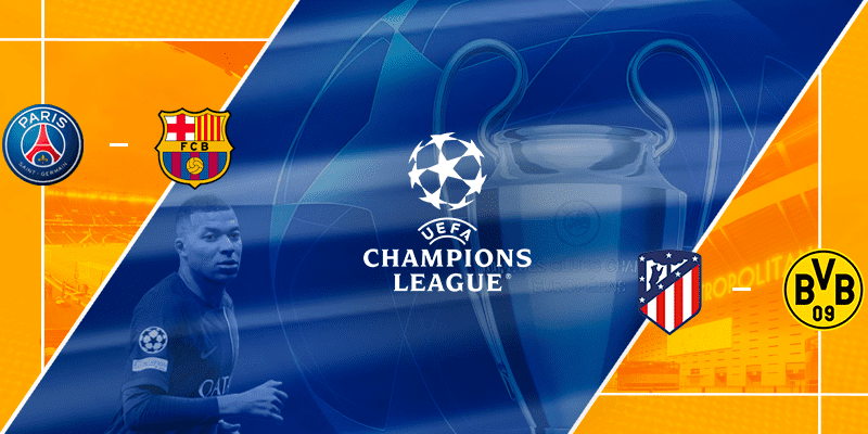 Promotional image for the UEFA Champions League featuring team badges of Paris Saint-Germain and FC Barcelona, with Atletico Madrid and Borussia Dortmund, symbolizing the thrilling quarterfinal matchups.