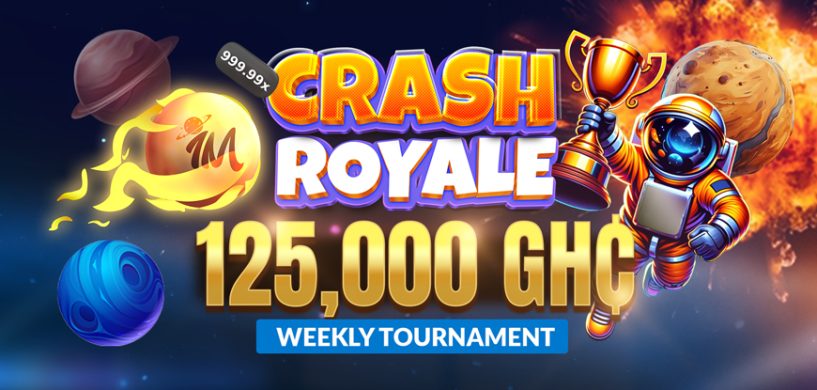 Vibrant promotional banner for the iMoon Crash Royale Weekly Tournament featuring a cosmic theme with an astronaut holding a trophy, planets, and the prize amount of 125,000 GHS prominently displayed.