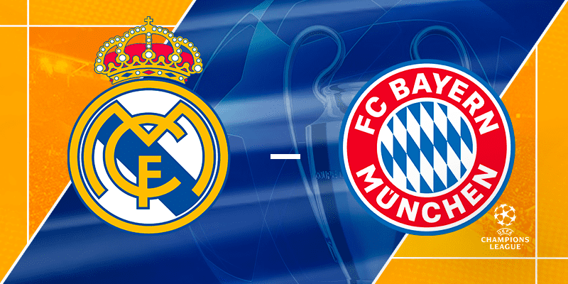 Champions League logos of Real Madrid and FC Bayern Munich prominently displayed, representing the upcoming semifinal match. The Real Madrid emblem features a golden crown and interlaced letters 'CF' in a blue circle, while Bayern Munich's logo has a red background with a white and blue lozenge pattern. This image sets the stage for the thrilling encounter between two of football's giants.