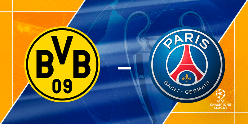 Champions League Semifinal visual featuring the logos of Borussia Dortmund and Paris Saint-Germain split by a stylized depiction of the UEFA Champions League trophy.