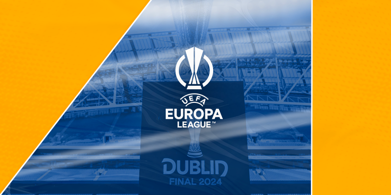 Promotional banner for the UEFA Europa League final in Dublin 2024, featuring the iconic UEFA Europa League trophy and Dublin's stadium in the background.