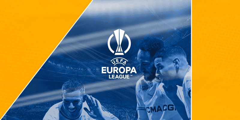 Dynamic promotional graphic for the UEFA Europa League featuring three soccer players in intense discussion on the pitch, with the official Europa League logo overlaid on a vibrant orange and blue background