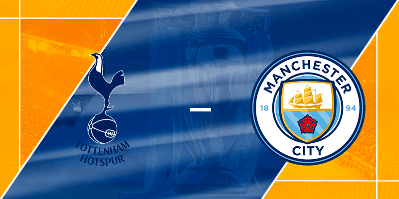 Promotional image for the Premier League match featuring the logos of Tottenham Hotspur and Manchester City on a dynamic blue and orange background, symbolizing the intense competition between these two top football clubs.