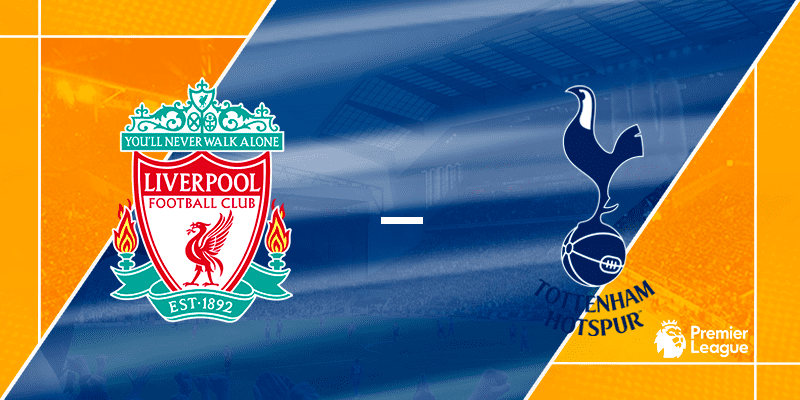 Liverpool and Tottenham logo on promo premier league photo on blue and yellow background