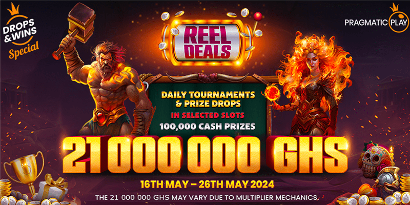 Vibrant promotional banner for the Pragmatic Play Reel Deals tournament featuring a fierce warrior and a mystical sorceress. Highlights include '21,000,000 GHS' prize pool for daily tournaments and prize drops, scheduled from 16th to 26th May 2024