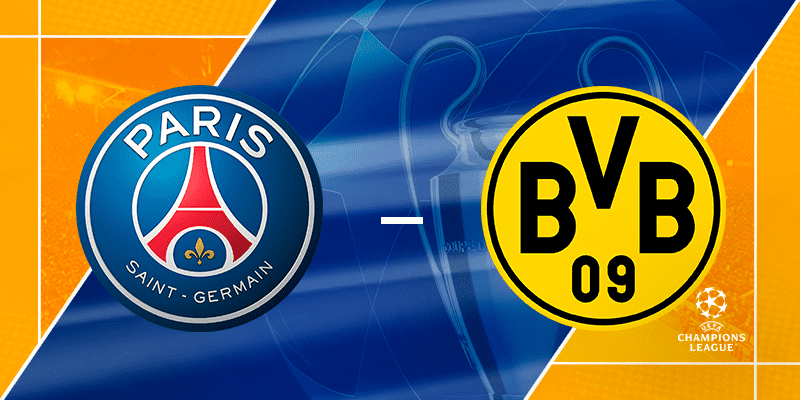 UEFA Champions League logos of PSG and BVB on a vibrant background, symbolizing the upcoming semifinal match between Paris Saint-Germain and Borussia Dortmund.