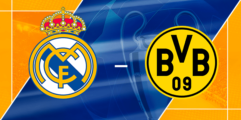 Logo of Real Madrid and Borussia Dortmund set against a dynamic blue and orange background, highlighting the upcoming Champions League final.