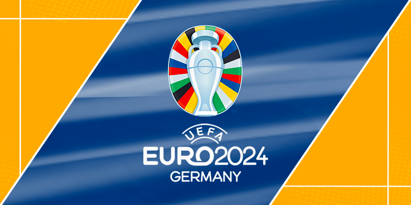 EURO 2024 official logo on a background featuring the event colors and 'UEFA EURO 2024 Germany' text, highlighting the upcoming football tournament.