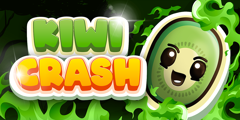 Kiwi Crash game banner featuring a smiling kiwi character surrounded by green flames on a dark background.