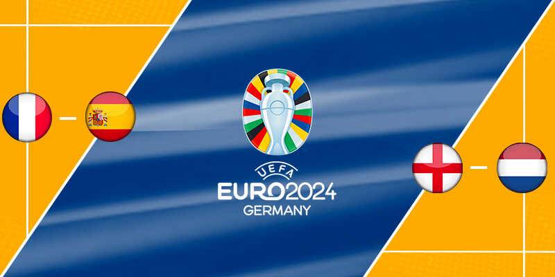 EURO 2024 semi-final matchups: France vs Spain and England vs Netherlands, showcasing the tournament's logo and match graphics.